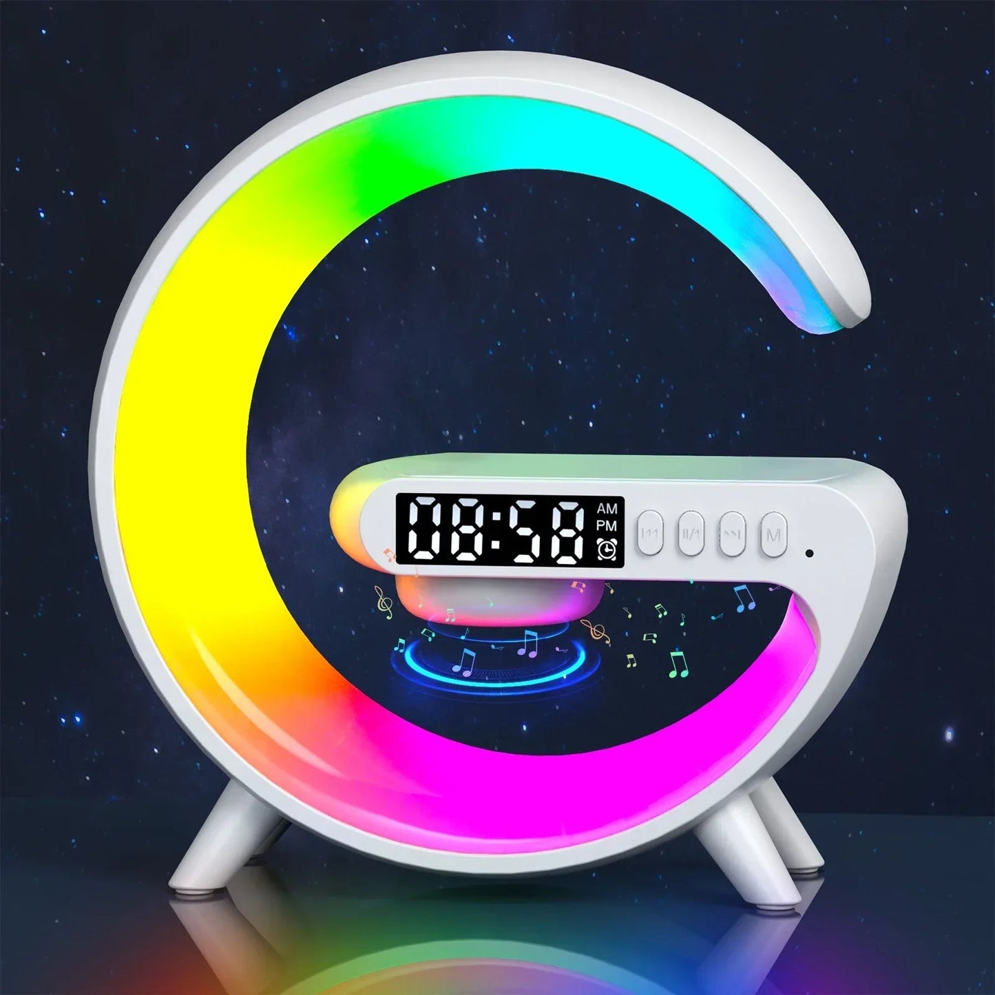 4 - in - 1 Wireless Charger with Bluetooth Speaker, RGB Night Light & FM Radio – The Ultimate Desk & Bedside Gadget! - BunnyGlow