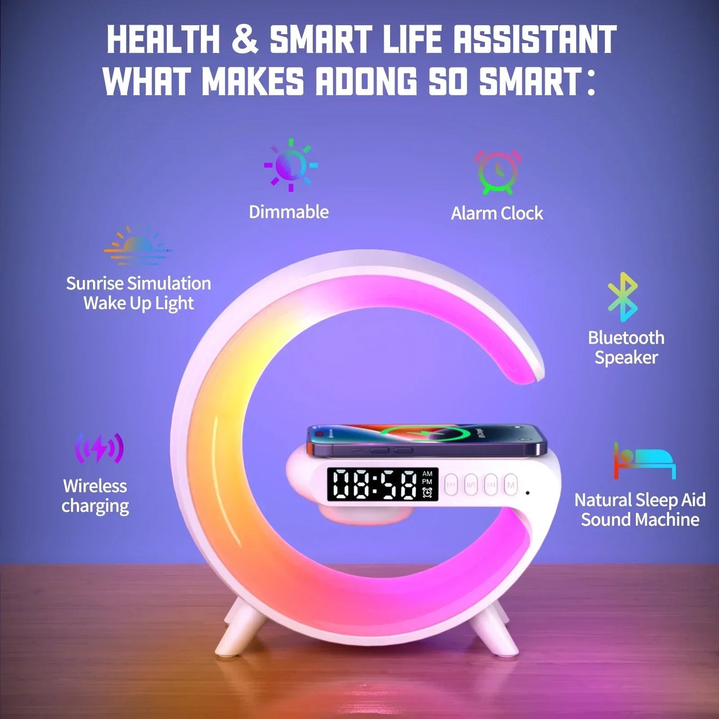 4 - in - 1 Wireless Charger with Bluetooth Speaker, RGB Night Light & FM Radio – The Ultimate Desk & Bedside Gadget! - BunnyGlow