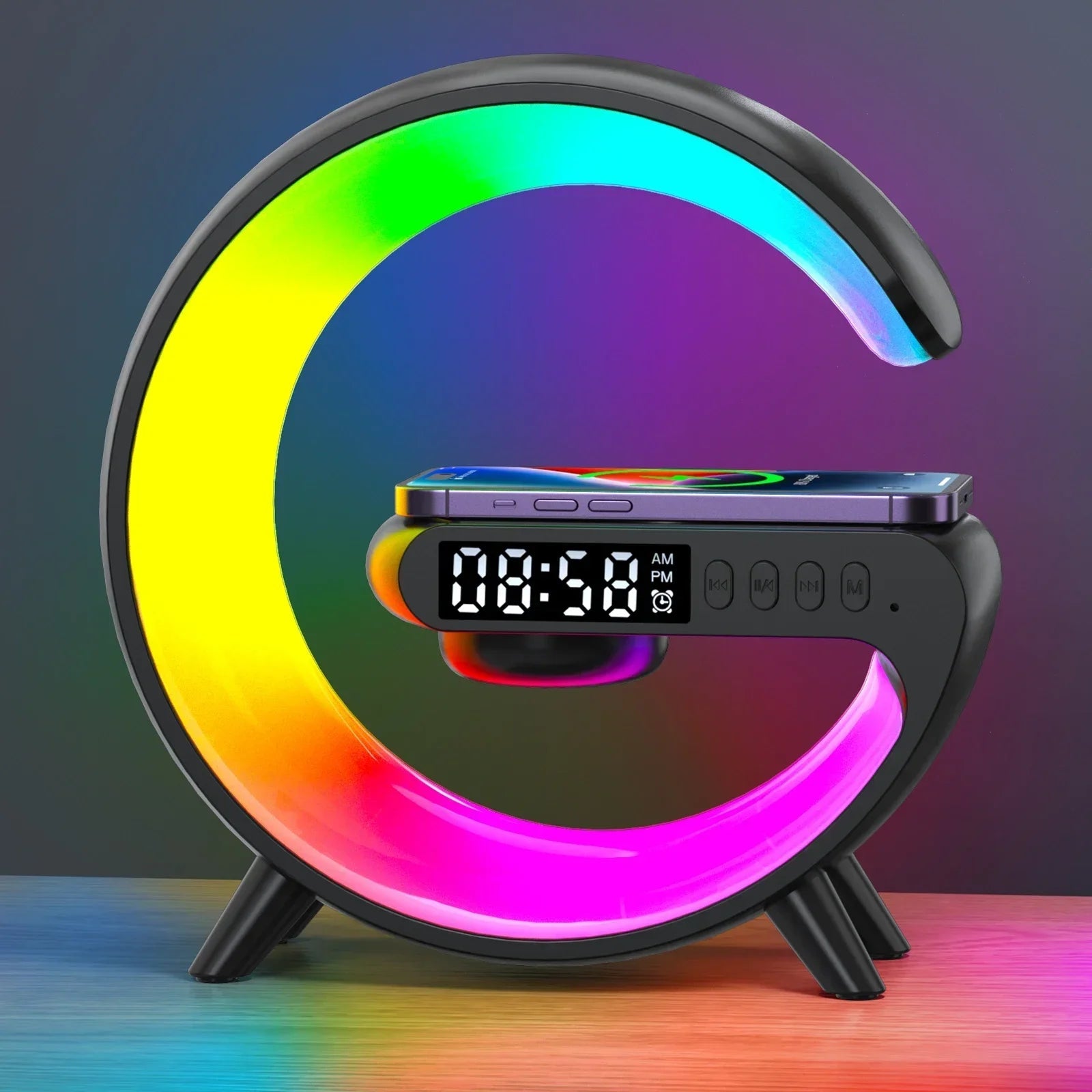 4 - in - 1 Wireless Charger with Bluetooth Speaker, RGB Night Light & FM Radio – The Ultimate Desk & Bedside Gadget! - BunnyGlow