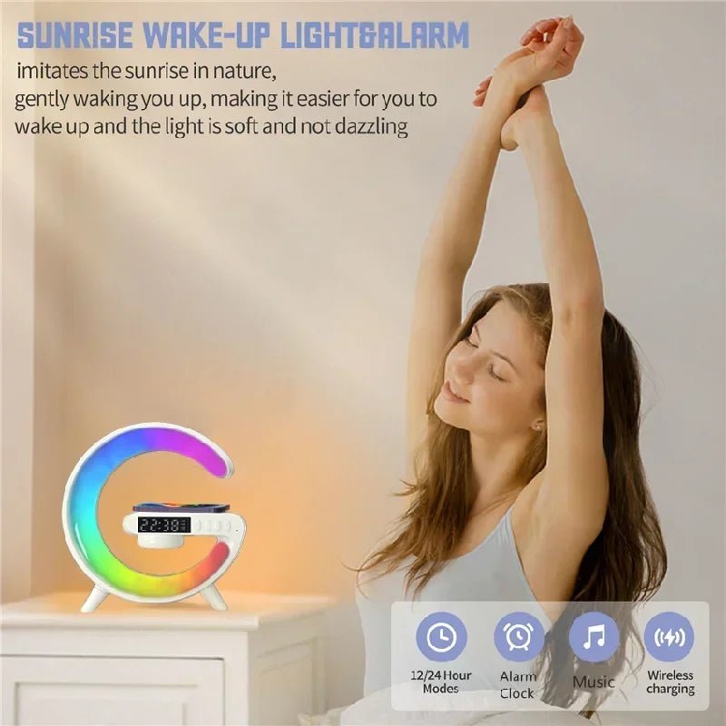 4 - in - 1 Wireless Charger with Bluetooth Speaker, RGB Night Light & FM Radio – The Ultimate Desk & Bedside Gadget! - BunnyGlow