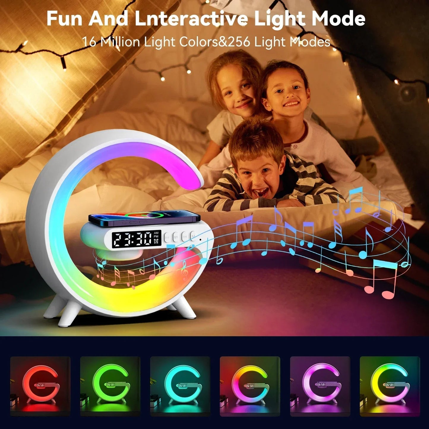 4 - in - 1 Wireless Charger with Bluetooth Speaker, RGB Night Light & FM Radio – The Ultimate Desk & Bedside Gadget! - BunnyGlow