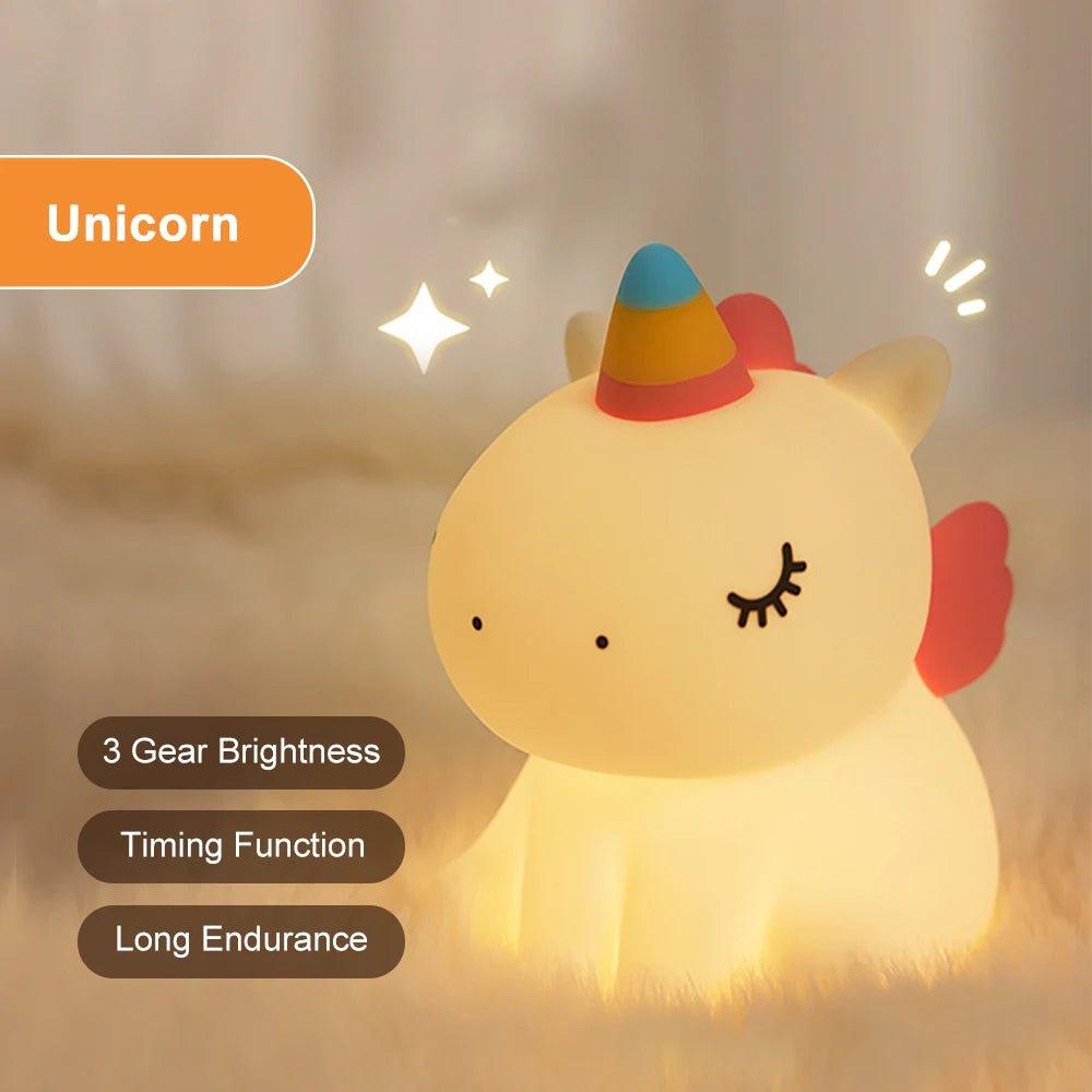 unicorn Cute Silicone LED Night Light For Kids children USB Rechargeable Cartoon Animal bedroom decor Touch Night Lamp for gifts - BunnyGlow