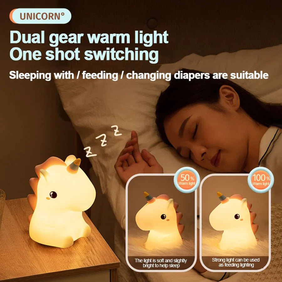 unicorn Cute Silicone LED Night Light For Kids children USB Rechargeable Cartoon Animal bedroom decor Touch Night Lamp for gifts - BunnyGlow